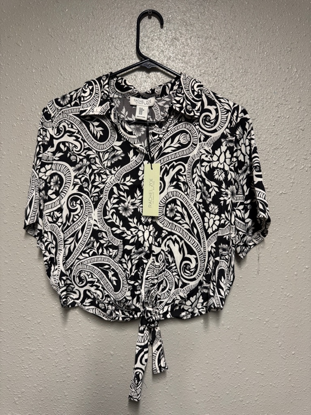 Rachel Zoe Black and White Paisley Tie-Front Button Down Top